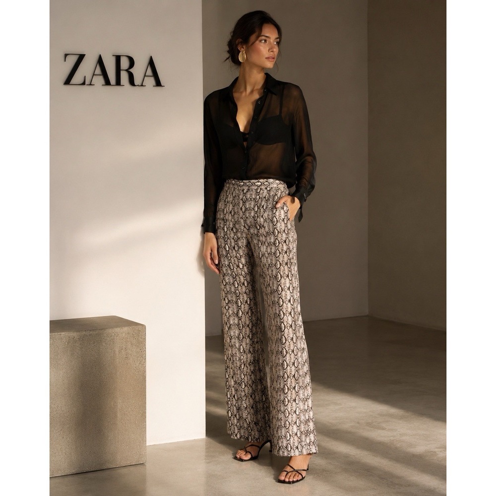 ZARA New Trousers Pants MEDIUM Snake Print Flared Boot HighRise Flowing 7484/231